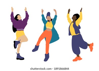 Young women of different nationalities dance. Girls in fashionable clothes have fun at a party. flat vector illustration. International women day