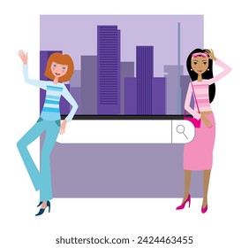 Young women of different nationalities with a search bar on the background of a modern city. Vector illustration