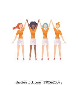 Young Women of Different Nationalities Standing with Raised Hands, Girls Advocating for Gender Equality, Freedom, Civil Rights, Independence Vector Illustration