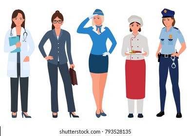 Young Women Of Different Professions Set . Doctor, Stewardess, Business Lady, Cook, Policewoman Isolated On White. Women Careers. Vector Illustration In Flat Cartoon Style.