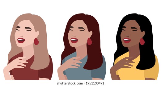 Young women with different skin, hair and eye colors. Race diversity illustration. Beautiful girl laughs, closed eyes. Smile, eyes, teeth. Avatar. woman laughing. vector flat illustration white