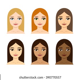 Young women with different skin, hair and eye colors. Race diversity illustration.