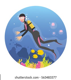 Young Women diving in deep sea using scuba dive