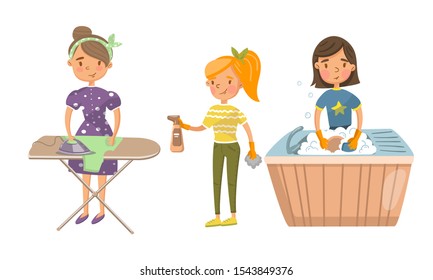 Young women do different homework. Vector illustration.