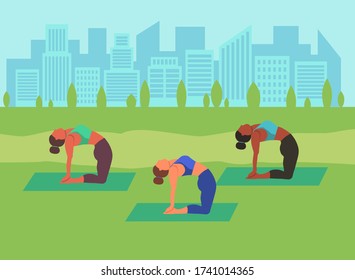 Young women do yoga in an outdoor Park. The concept of international day of yoga. Flat cardboard vector illustration.