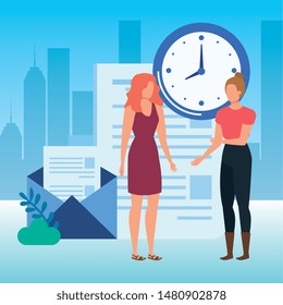 young women with documents characters