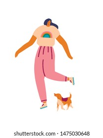 Young women with dog pet beagle running in the park. Human and puppy friendship illustration in vector.