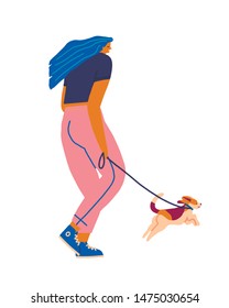 Young women with dog pet beagle running in the park. Women and puppy friendship illustration in vector.