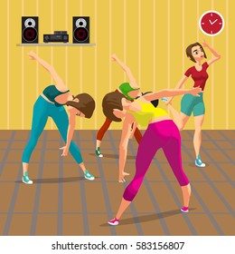 Young women doing fitness group exercises in the gym, under the guidance of a coach. Flat cartoon vector illustration