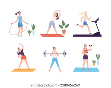 Young women doing sports set. Athletic women jumping with skipping rope, running in treadmill, lifting barbell flat vector illustration