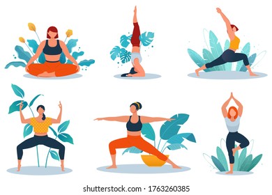 Young women doing yoga exercise against the background of exotic plants. Healthy and wellness lifestyle. Flat vector illustration on white background