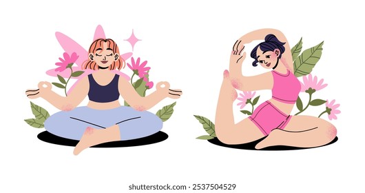 Young women doing yoga exercises, stretching and practicing meditation. Flat vector illustration on white background.