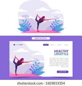 Young women doing yoga in nature for web landing page and banner 