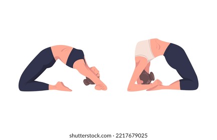 Young women doing yoga in studio. Physical and spiritual practice concept cartoon vector illustration