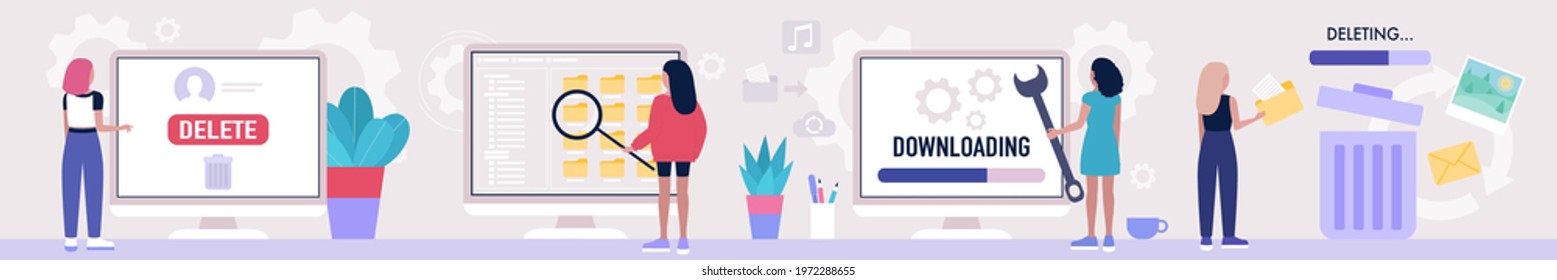 Young women downloading, deleting, searching, loading data and files. Colorful flat vector illustration