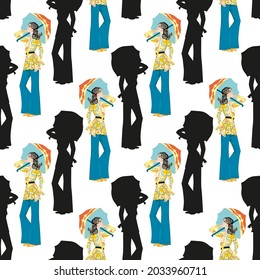 Young women dressed in trendy clothes in the style of the 70's.People fashion 70 s.Retro in the style of the 70's.
Vector art.Seamless pattern.Large print seamless illustration.Decoration wallpaper.