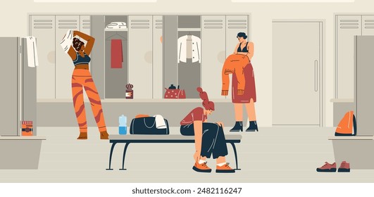 Young women dressing in sports locker changing room. Athlete female characters changing clothes after training or workout in gym vector flat illustration. Bottle of water and sports bag on the bench