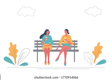 Young women drink coffee on a bench in a park. They are chatting with each other. There are also plants and clouds in the picture. Flat style. Vector illustration