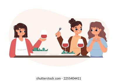 Las mujeres jóvenes beben vino, comen y hablan. Cena de amigos nocturnos, almuerzo o compañeros de trabajo. Amistad de mujeres, adultos descansan en la escena vector de cafés