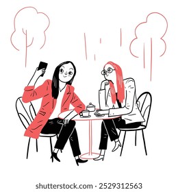 Mujeres jóvenes bebiendo café y teniendo una conversación de estilo minimalista con una paleta de colores limitada de rojo, negro y blanco. 