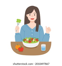 Young women eating salads. Diet food for life. Healthy foods with benefits. Healthy and vegan food concept.