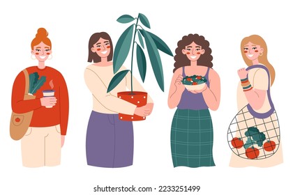Young women with eco bags, plant and vegan food. Green lifestyle, zero waste, vegetarianism, environment preservation, ecology protection concept.