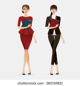 Young women in elegant office clothes. Vector illustration.