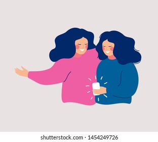 Young women embrace each other and hold smartphone and texting, talking, listening to music, taking selfie. Flat vector concept of smartphone usability and refer a friend.