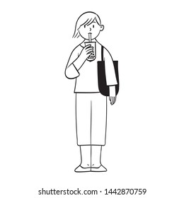 Young women enjoy drinking bubble tea, girl wears tote bag and enjoys bottled drinks with straw, illustrating human characters with monochrome lines