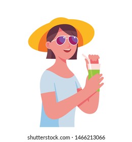 Young women enjoy holidays and are drinking healthy green juice, women enjoy one glass of organic juice, illustrated character vector