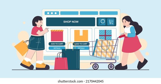 Young women enjoy to shopping, they are holding shopping bag, shopping cart in cartoon character, vector illustration