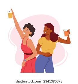 Young Women Enjoying Beer, Embracing Diverse Tastes And Breaking Societal Norms, Female Characters Showcasing Their Independence And Enjoyment In Social Settings. Cartoon People Vector Illustration