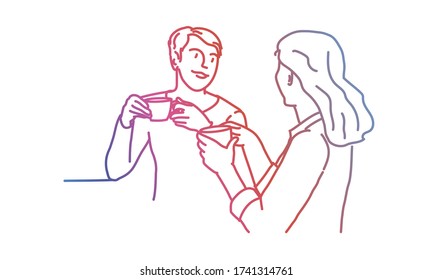 Young women enjoying cup of coffee in cafe. Rainbow colors in linear vector illustration.