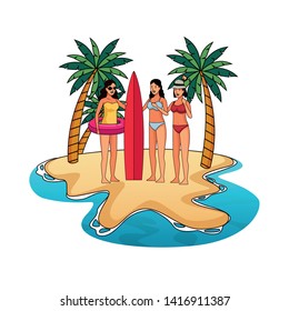 Young women enjoying summer in swimsuit with surf table cartoons on beach scenery vector illustration graphic design