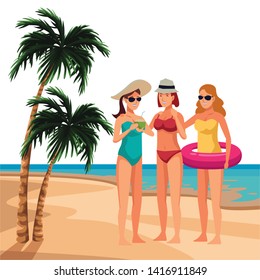 Young women enjoying summer in swimsuit cartoons in beach at sunny day scenery vector illustration