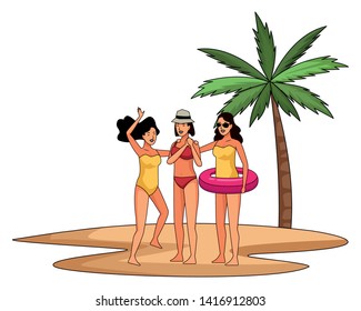 Young women enjoying summer in swimsuit cartoons on beach scenery vector illustration graphic design