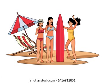 Young women enjoying summer in swimsuit with surf table cartoons on beach scenery vector illustration graphic design