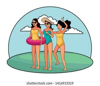 Young women enjoying summer in swimsuit cartoons at park outdoors vector illustration graphic design