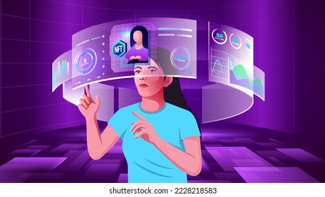 A young women exploring and visualizing the Cloud data, Blockchain, Infographics, Cryptocurrency, NFTs, Future innovations and Communication concepts with Metaverse Digital Virtual Reality Technology 