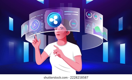 A young women exploring and visualizing the Cloud data, Blockchain, Infographics, Cryptocurrency, NFTs, Future innovations and Communication concepts with Metaverse Digital Virtual Reality Technology 