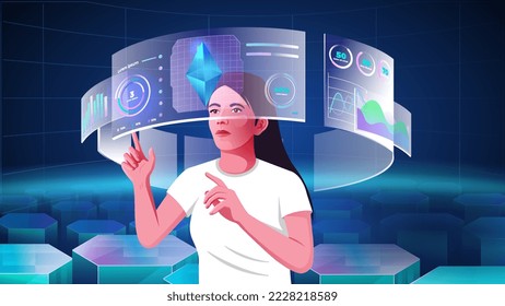 A young women exploring and visualizing the Cloud data, Blockchain, Infographics, Cryptocurrency, NFTs, Future innovations and Communication concepts with Metaverse Digital Virtual Reality Technology 