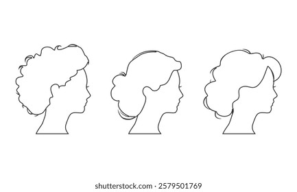 Young women face side view icon outline silhouettes set. Elegant silhouettes of a female head. Avatar profile sign
