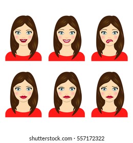 Young women faces isolated on white background. Vector illustration. Set of facial expressions of girl.