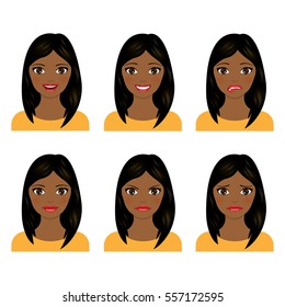 Young women faces isolated on white background. Vector illustration. Set of facial expressions of girl.