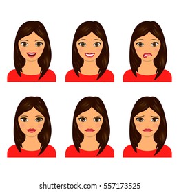 Young women faces isolated on white background. Vector illustration. Set of facial expressions of girl.