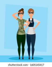 young women fbi agent with military characters vector illustration design