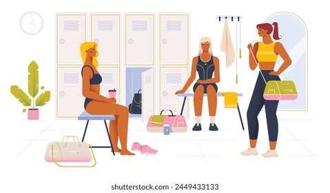 Young women in a female locker room after gym training. Female athletes change clothes for workout. Flat vector illustration