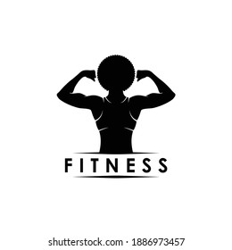 young women fitness healthy strong curly frizzy hair american african native logo design vector silhouette illustration icon strength looking