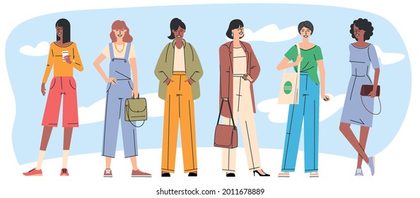 Young women flat design trendy character vector collection.