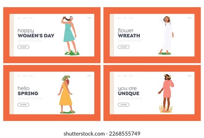Young Women With Floral Crowns Landing Page Template Set. Female Characters Wear Nice Summertime Dresses Perfect For Nature, Beauty, And Summer-themed Designs. Cartoon People Vector Illustration